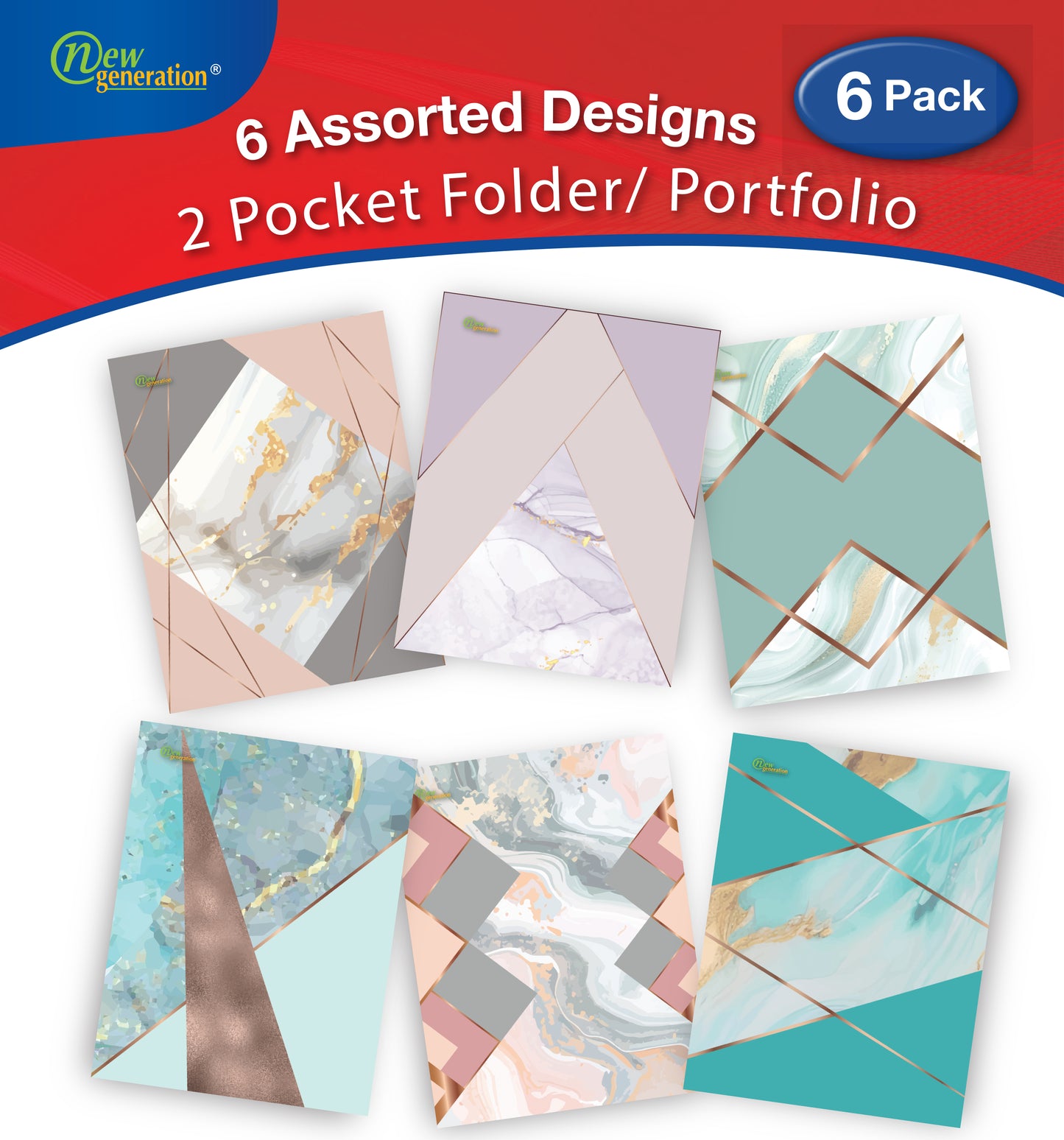 New Generation - Gold Marble - 2 Pocket Folder / Portfolio, 6 Pack .