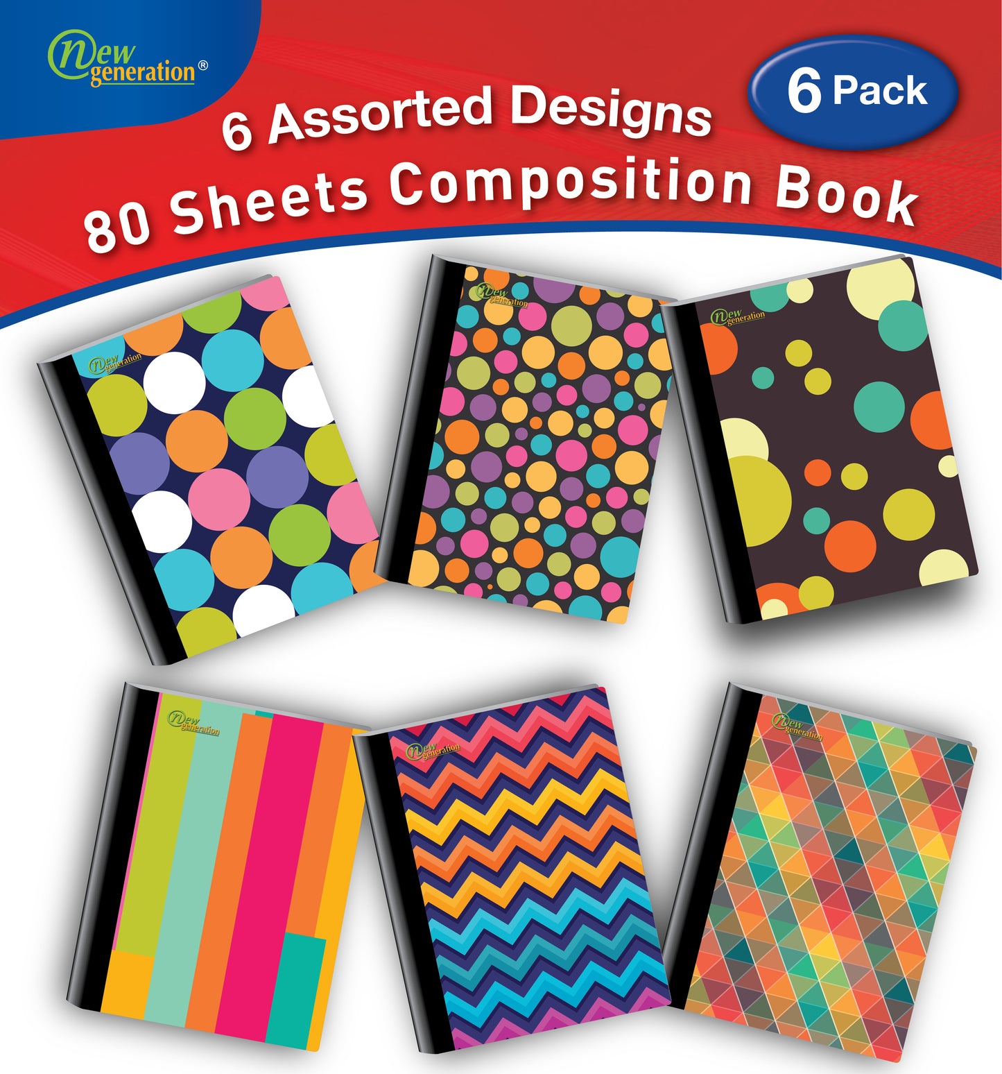 New Generation – Patterns - Composition Notebooks, 80 Sheets / 160 Pages Wide Ruled pages Comp Book