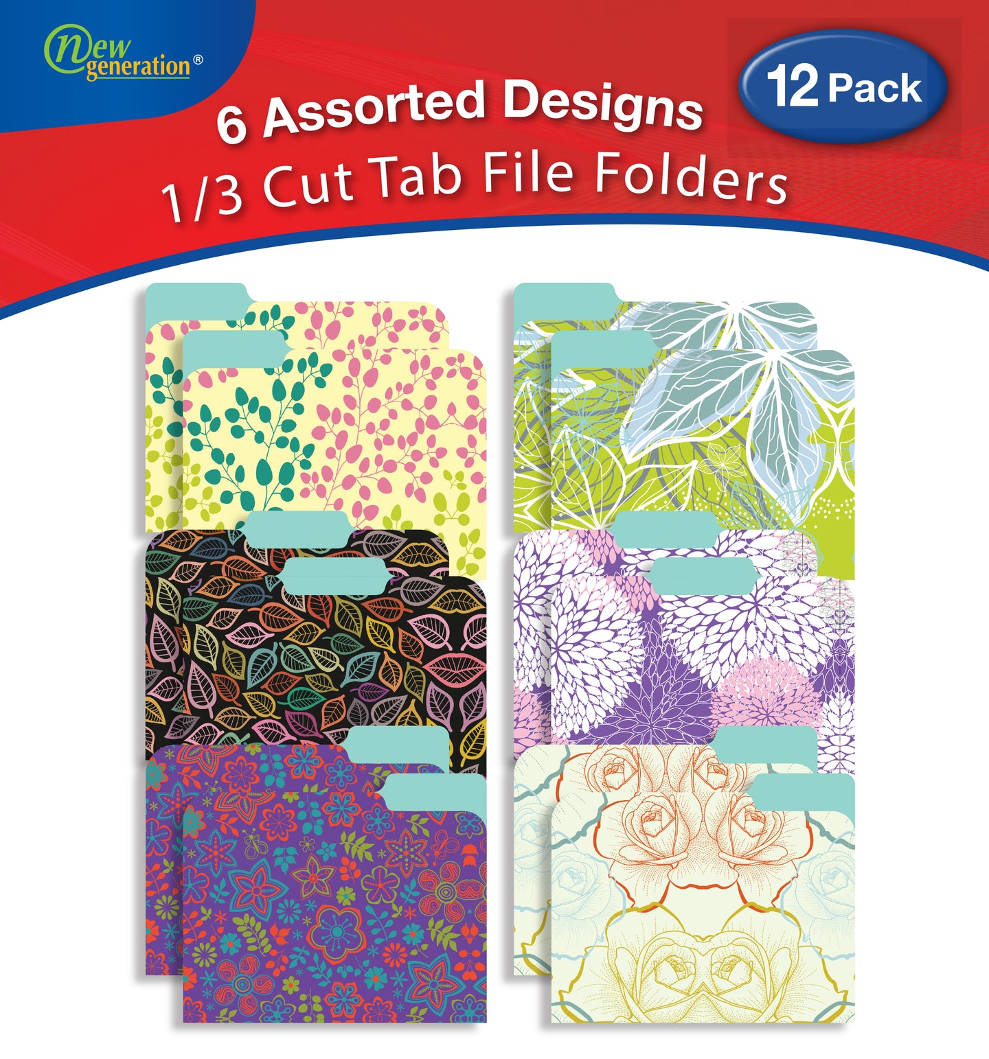 New Generation - Floral - 12 Pack Decorative 1/3 Cut Tab File Folders