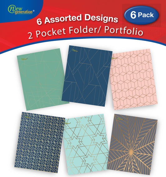 New Generation - Gold Patterns - 2 Pocket Folder / Portfolio, 6 Pack .