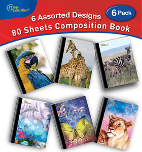 New Generation – Wild Life Animals - Composition Notebooks, 80 Sheets / 160 Pages Wide Ruled pages Comp Book