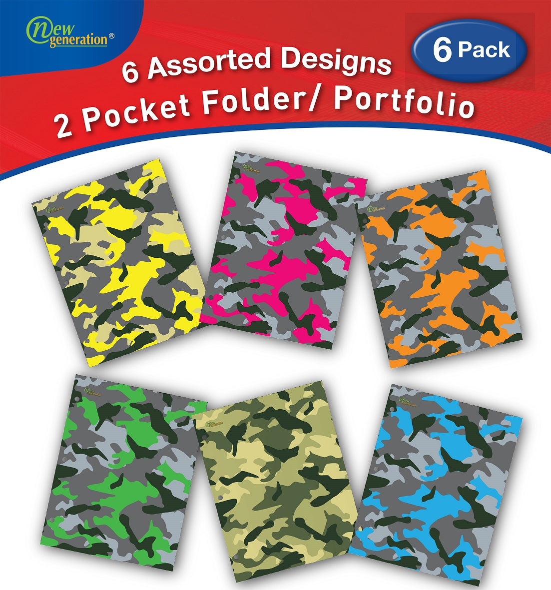New Generation - Camouflage - 2 Pocket Folder / Portfolio, 6 Pack,