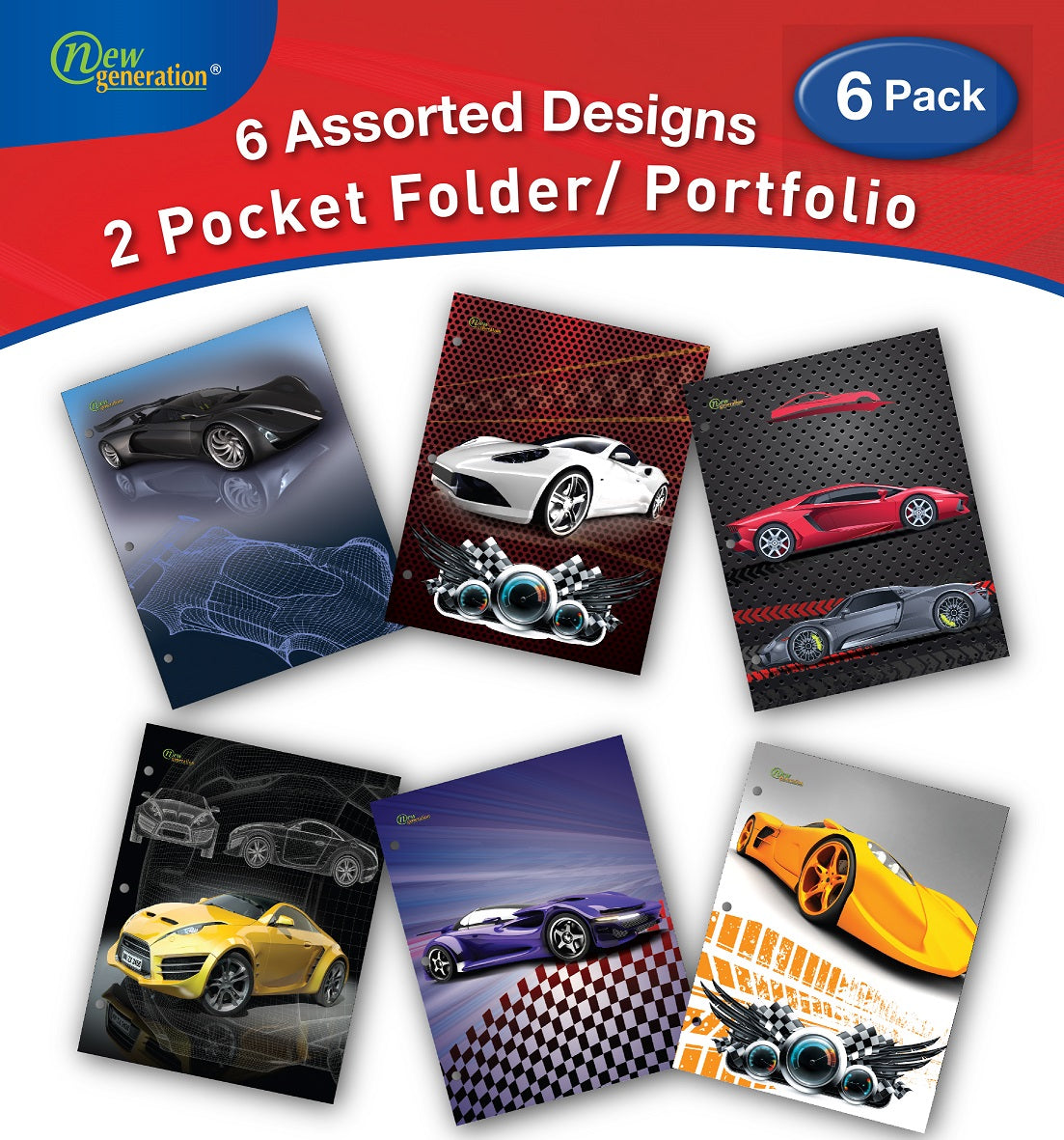 New Generation - Cars - 2 Pocket Folder / Portfolio, 6 Pack,